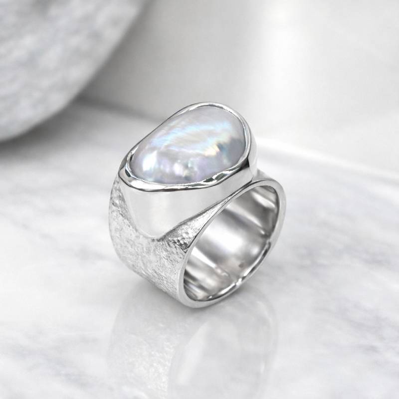 Χειροποίητο Ασημένιο 925 Δαχτυλίδι Fire με Μεγάλο Λευκό Μπαρόκ Μαργαριτάρι