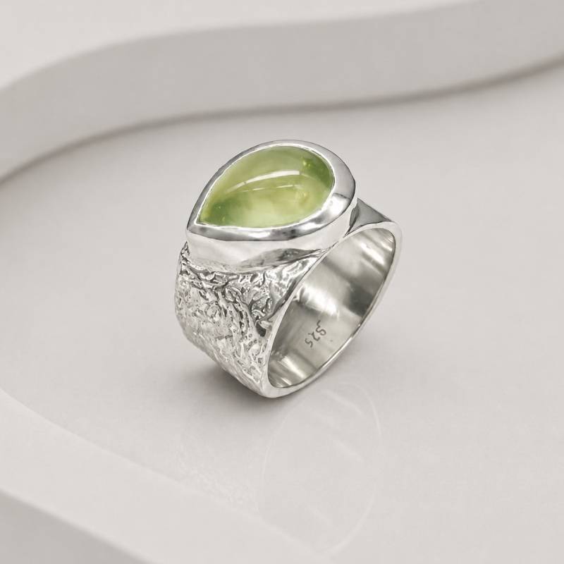 Handmade Sterling Silver 925 Fire Ring with Natural Prehnite